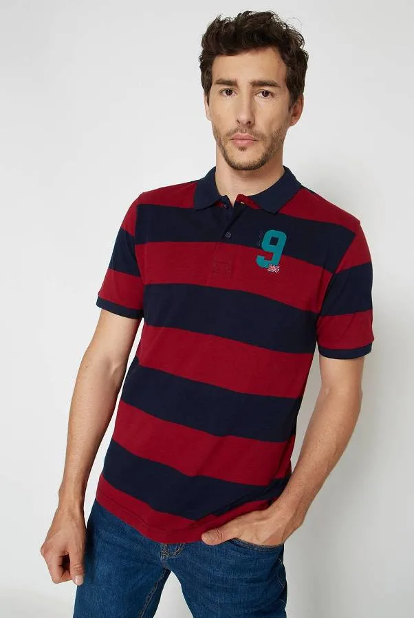 Men Polo T-Shirt Short Sleeve Cotton Yarn Dye Stripes Pique with Embroidery