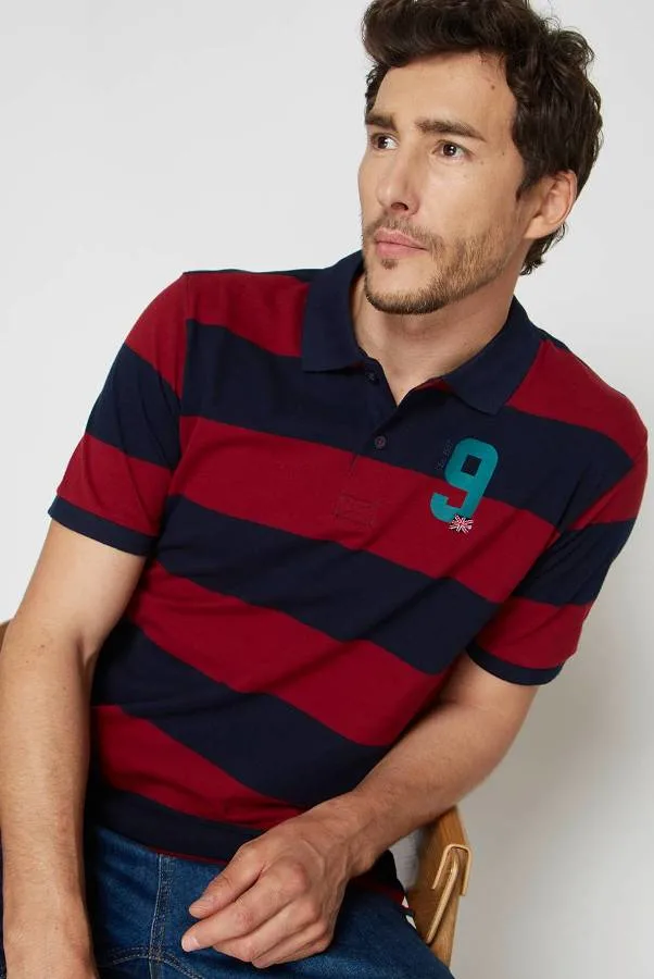 Men Polo T-Shirt Short Sleeve Cotton Yarn Dye Stripes Pique with Embroidery