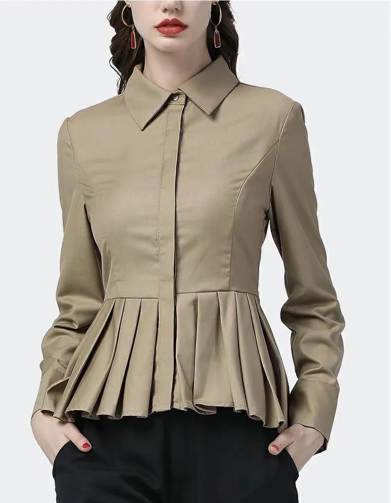 Hot-Selling Fashion Slim Formal Slim Polo Neck Plissee Shirt