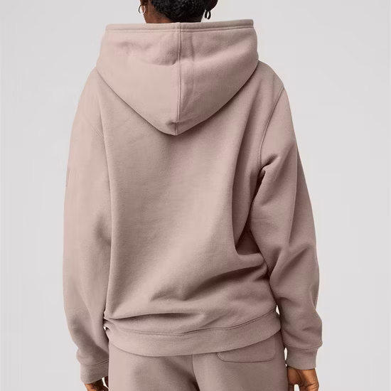 Grauer, langärmliger, elastischer Spors Wear-Kapuzenpullover aus 360 g Fleece-Baumwolle für Damen